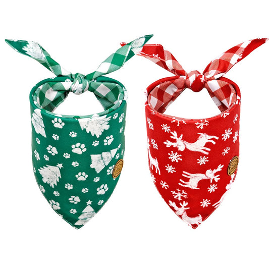 CROWNED BEAUTY Reversible Christmas Dog Bandanas - Pine & Reindeer Set-2 Pack for Medium to XL Dogs DB83