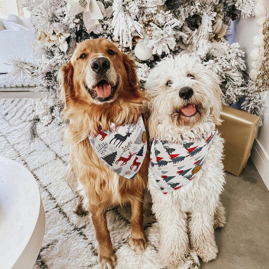 CROWNED BEAUTY Reversible Christmas Dog Bandanas - Forest Reindeer Set-2 Pack for Medium to XL Dogs DB85