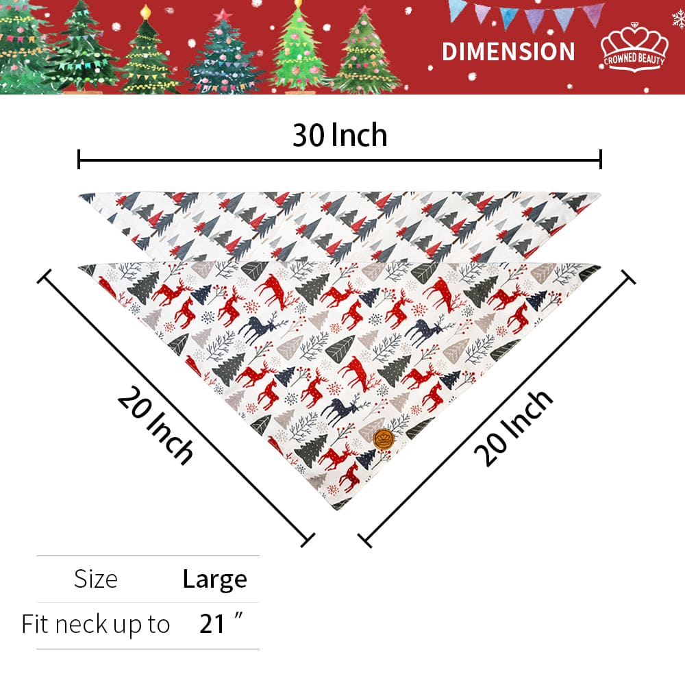 CROWNED BEAUTY Reversible Christmas Dog Bandanas - Forest Reindeer Set-2 Pack for Medium to XL Dogs DB85