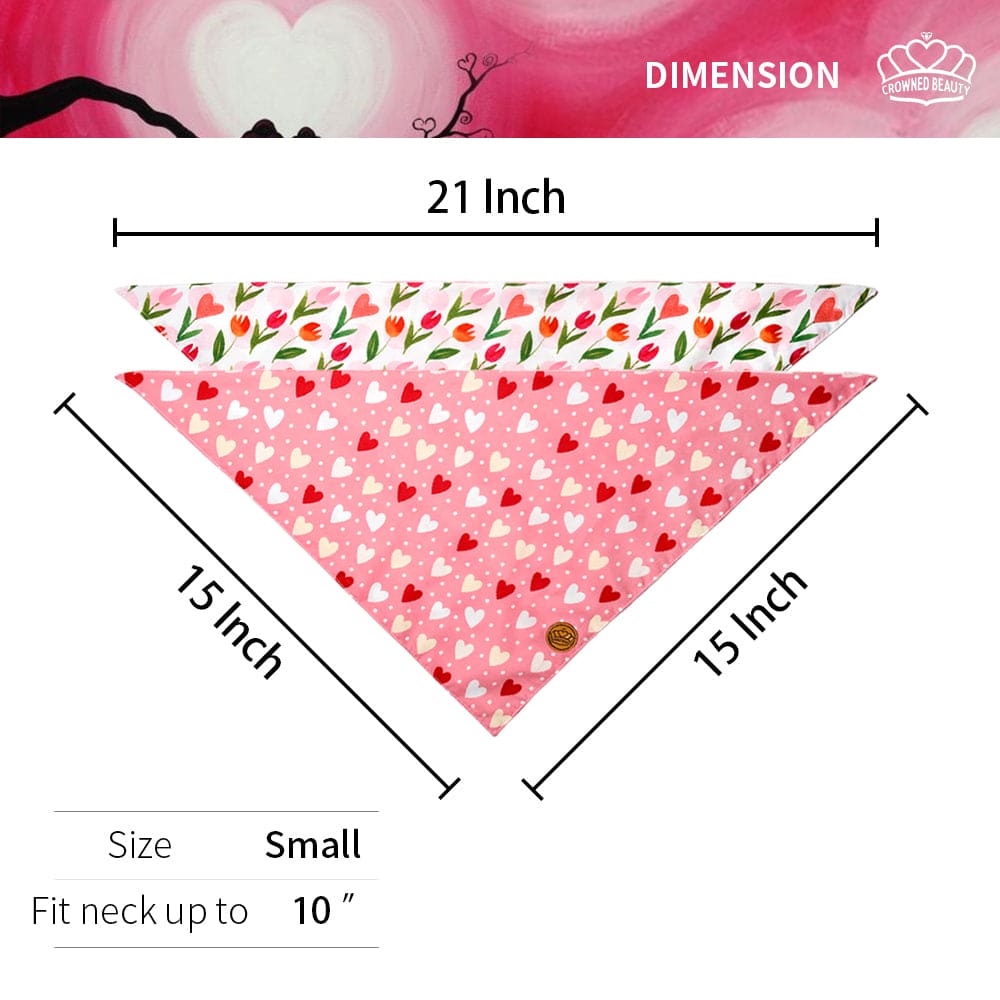 CROWNED BEAUTY Reversible Valentines Day Dog Bandanas -Floral Heart Set- 2 Pack for Medium to XL Dogs DB87