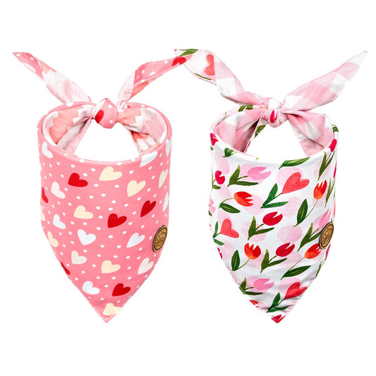 CROWNED BEAUTY Reversible Valentines Day Dog Bandanas -Floral Heart Set- 2 Pack for Medium to XL Dogs DB87