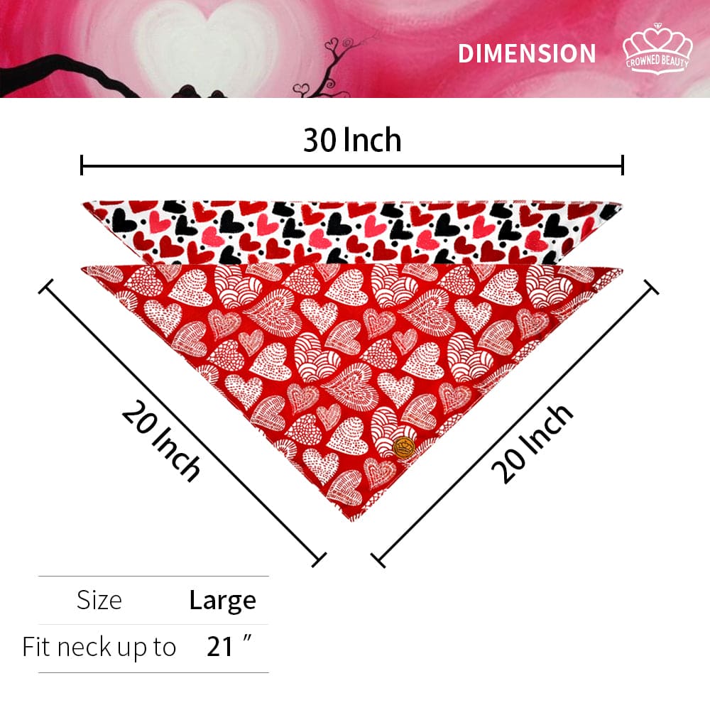 CROWNED BEAUTY Reversible Valentines Day Dog Bandanas -Red Heart Set- 2 Pack for Medium to XL Dogs DB88