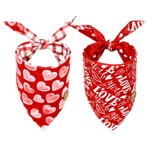 CROWNED BEAUTY Reversible Valentines Day Dog Bandanas -Love You Set- 2 Pack for Medium to XL Dogs DB89