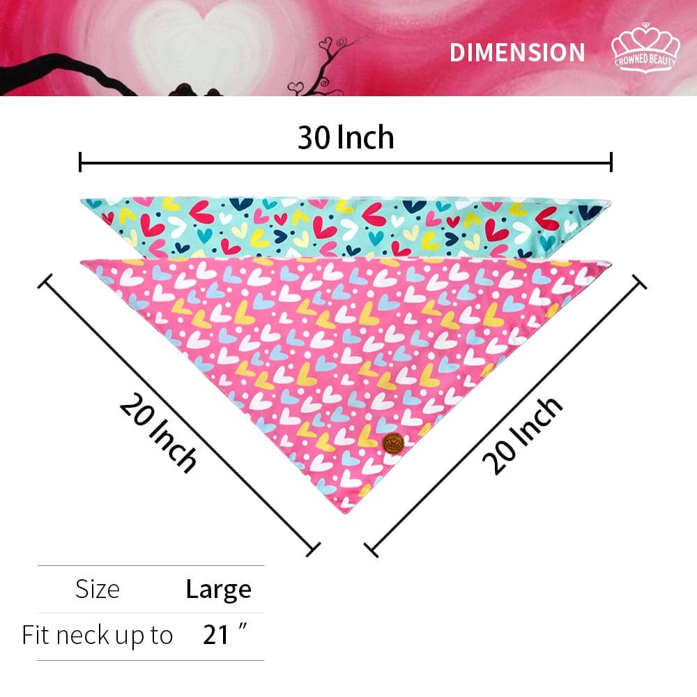 CROWNED BEAUTY Reversible Valentines Day Dog Bandanas -Love Heart Set- 2 Pack for Medium to XL Dogs DB90