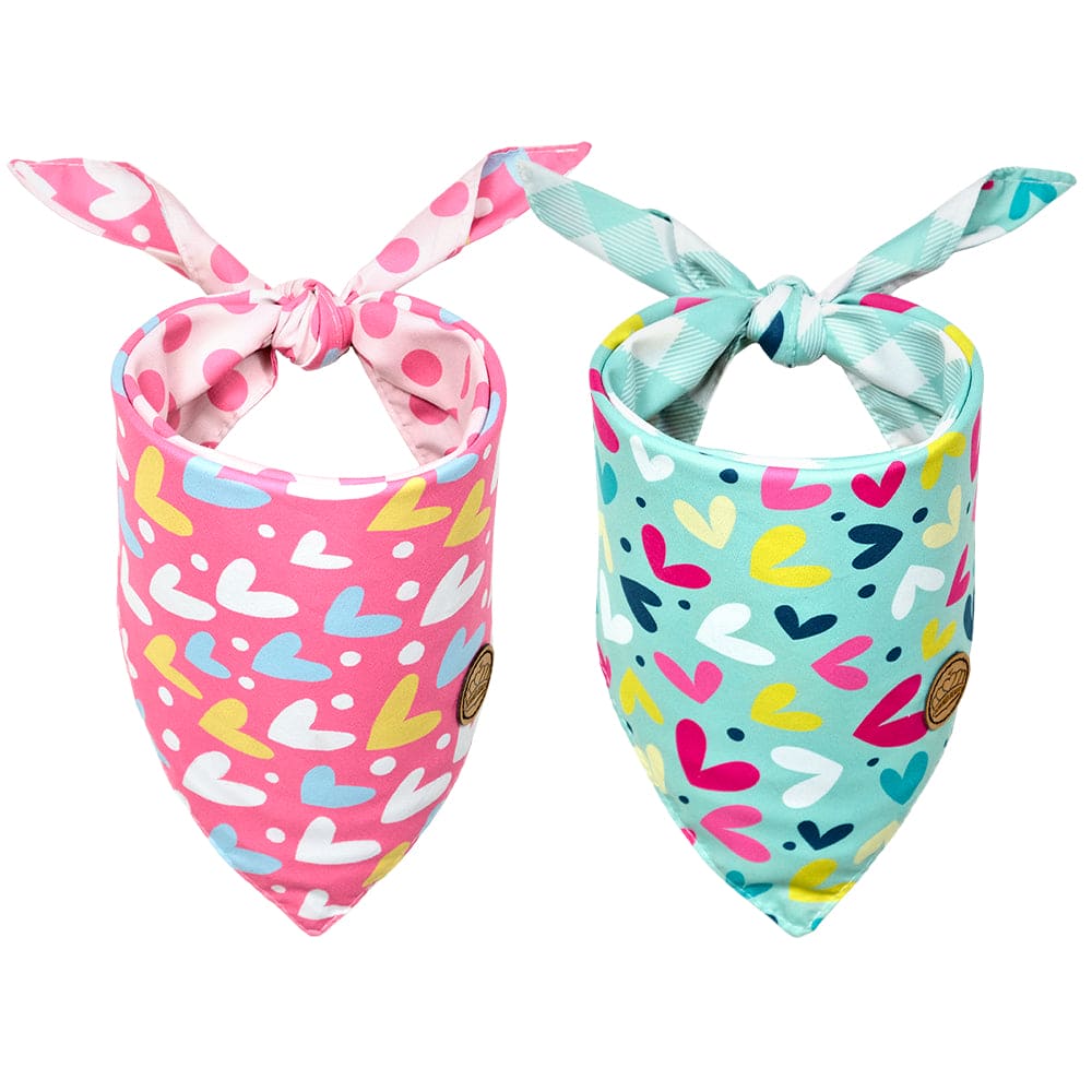 CROWNED BEAUTY Reversible Valentines Day Dog Bandanas -Love Heart Set- 2 Pack for Medium to XL Dogs DB90