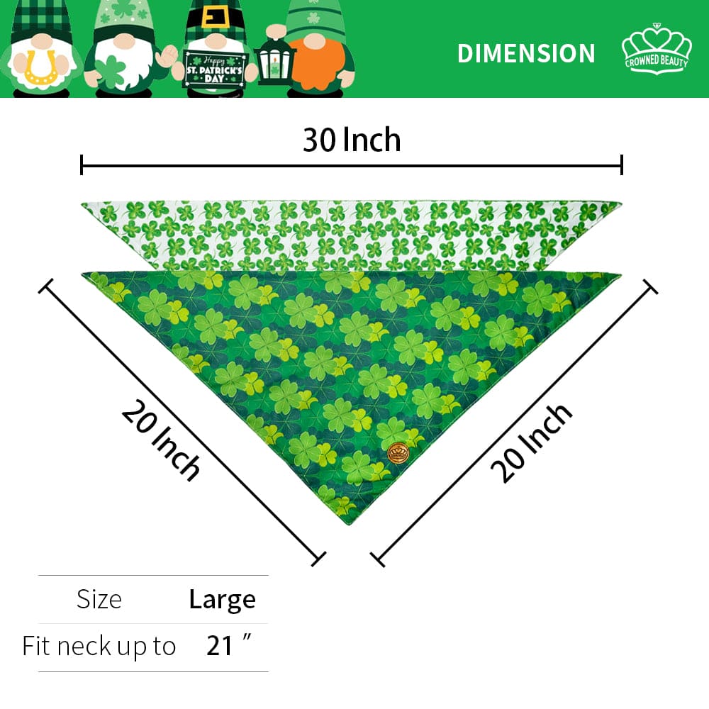 CROWNED BEAUTY Reversible St Patricks Day Dog Bandanas -Lucky Leaf Set- 2 Pack for Medium to XL Dogs DB95-L