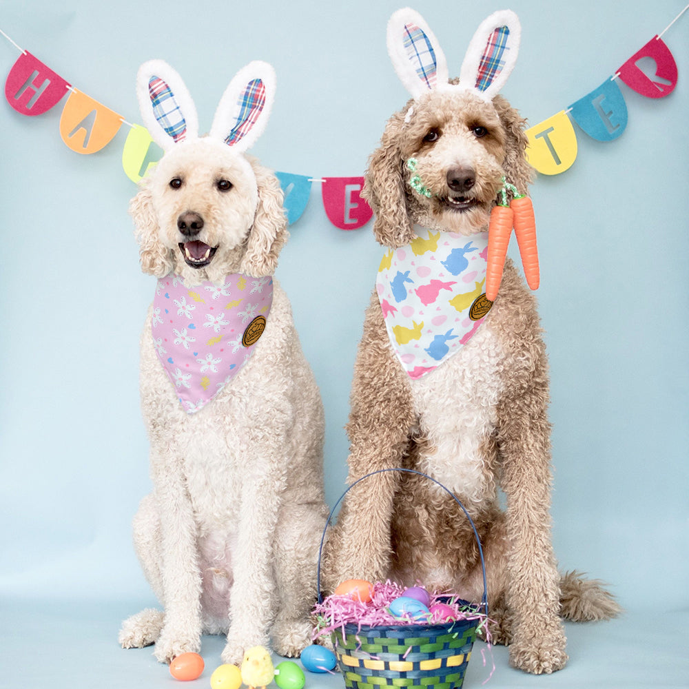 CROWNED BEAUTY Reversible Easter Dog Bandanas -Bunny Blooms Set- 2 Pack for Small to XL Dogs DB97