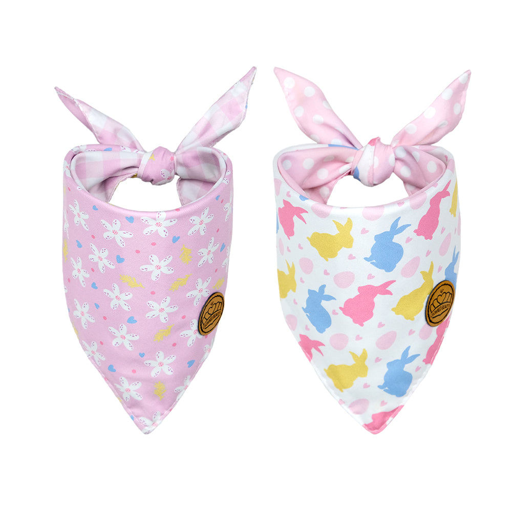 CROWNED BEAUTY Reversible Easter Dog Bandanas -Bunny Blooms Set- 2 Pack for Small to XL Dogs DB97