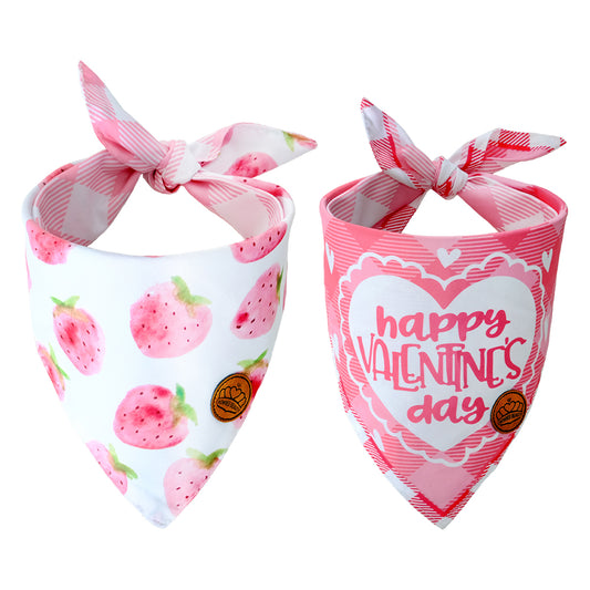 CROWNED BEAUTY Valentines Day Dog Bandanas Large 2 Pack,Pink Strawberries Set DB13