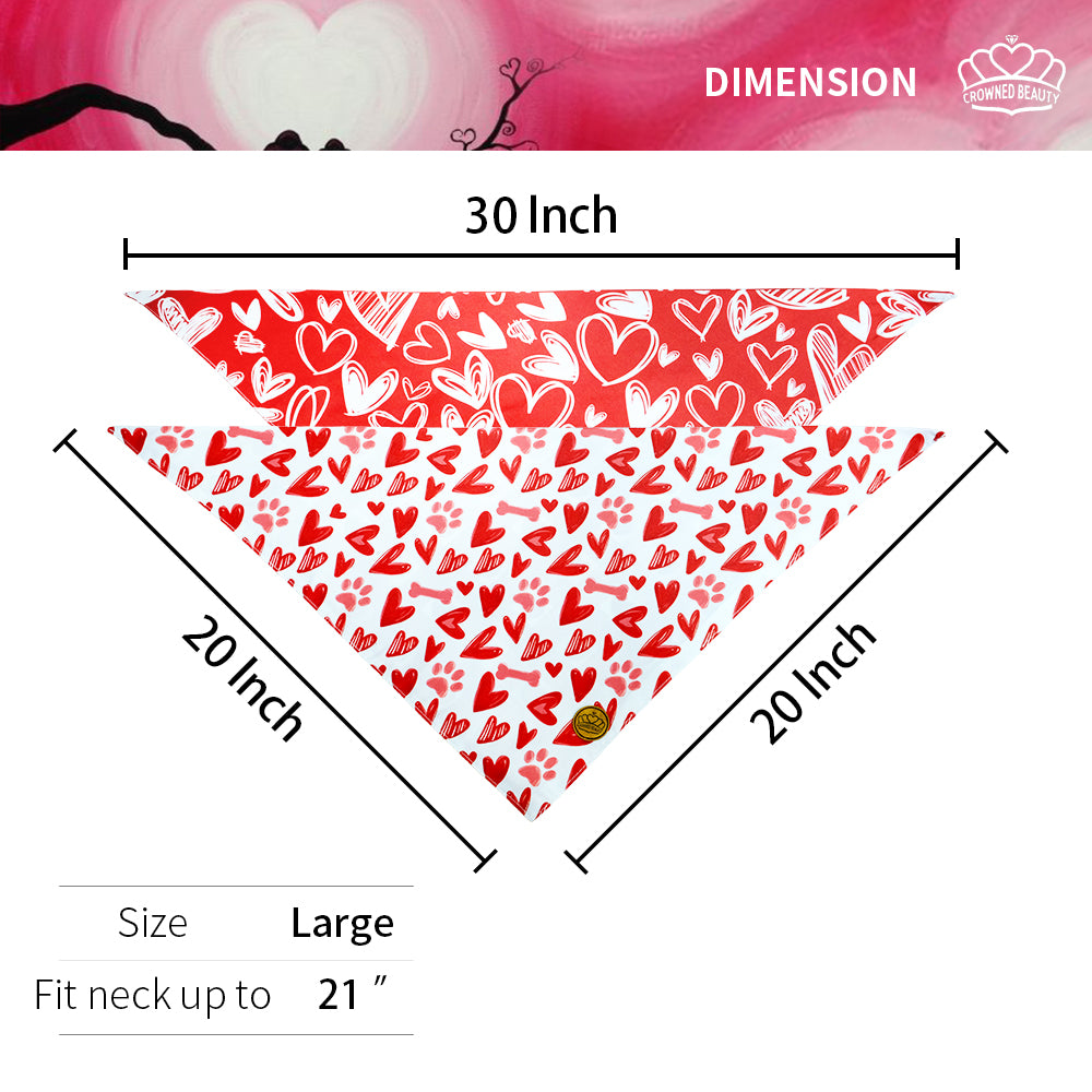 CROWNED BEAUTY Valentines Day Dog Bandanas Large 2 Pack,Red Heart Set DB14