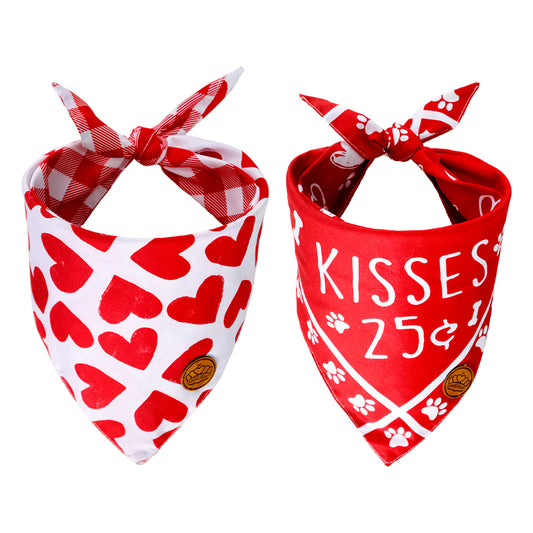 CROWNED BEAUTY Valentines Day Reversible Dog Bandanas Large 2 Pack, Kisses Set DB15