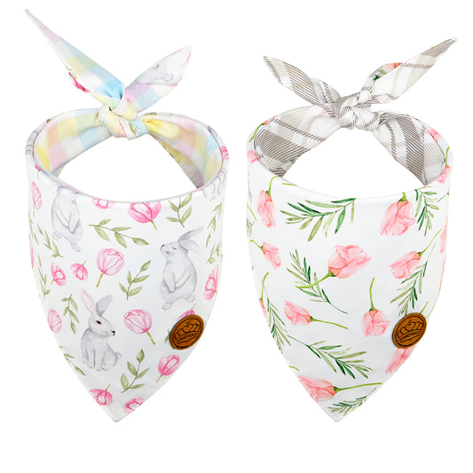 CROWNED BEAUTY Easter Dog Bandanas Large 2 Pack, Bunnies Tulips Set, DB25