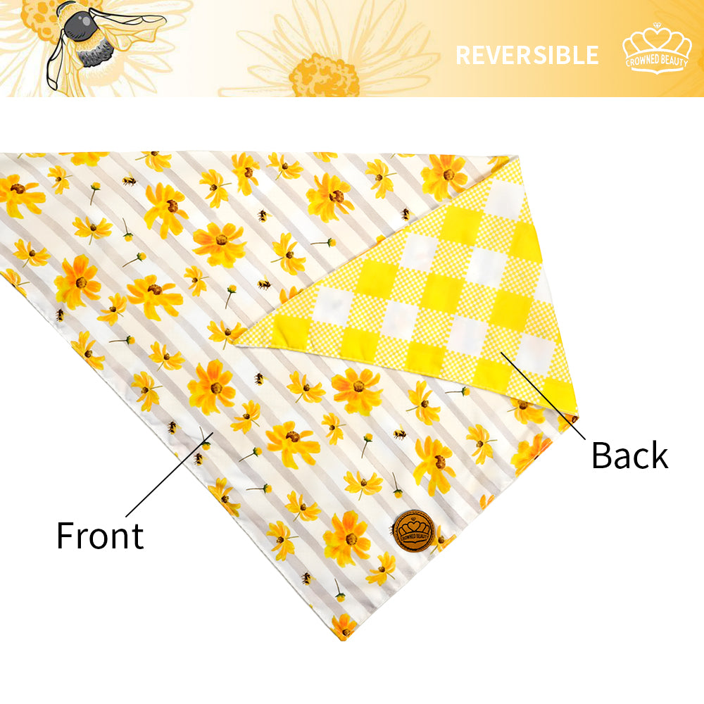 CROWNED BEAUTY Spring Summer Dog Bandanas Reversible Large 2 Pack, Floral Bee Set, DB32