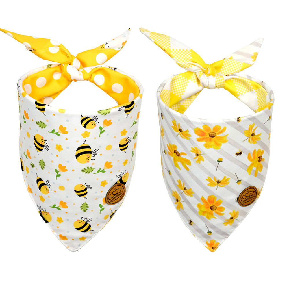 CROWNED BEAUTY Spring Summer Dog Bandanas Reversible Large 2 Pack, Floral Bee Set, DB32