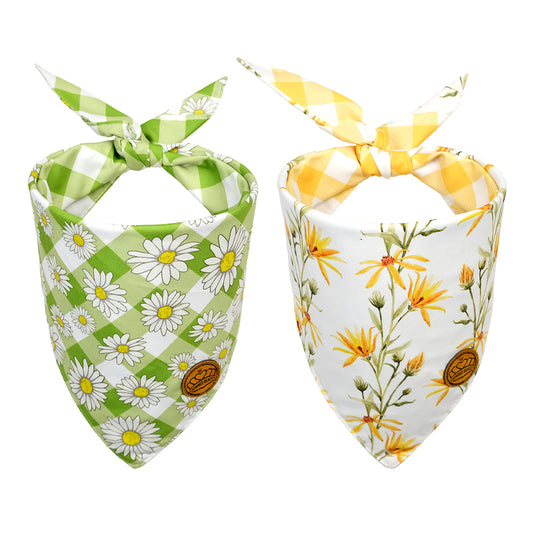 CROWNED BEAUTY Spring Summer Dog Bandanas Reversible Large 2 Pack, Floral Daisy Set, DB37