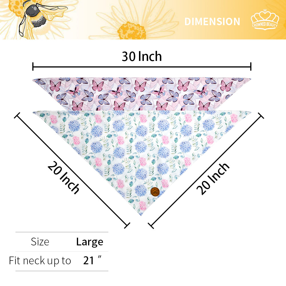 CROWNED BEAUTY Spring Dog Bandanas Reversible Large 2 Pack, Floral Butterfly Set, DB39
