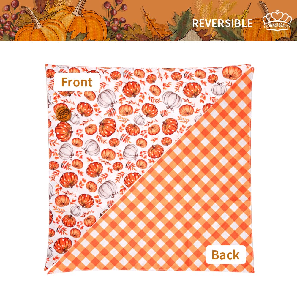 CROWNED BEAUTY Reversible Fall Dog Bandanas -Pumpkin Parade Set- 2 Pack for Medium to XL Dogs DB122-L