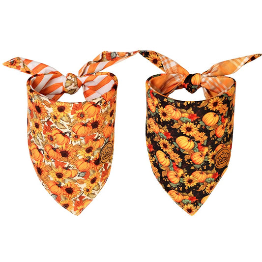 CROWNED BEAUTY Reversible Fall Dog Bandanas -Fall Fashions Set- 2 Pack for Medium to XL Dogs DB126