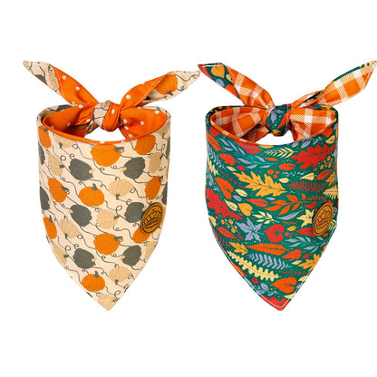 CROWNED BEAUTY Reversible Fall Dog Bandanas -Leafy Luxe Set- 2 Pack for Medium to XL Dogs DB128