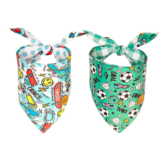 CROWNED BEAUTY Reversible Sports Dog Bandanas for Boys -Soccer Skater Set- 2 Pack for Medium to XL Dogs DB130-L