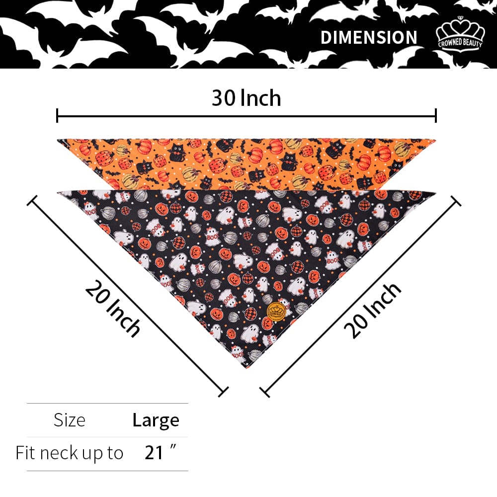 CROWNED BEAUTY Reversible Halloween Dog Bandanas -Spooky Paws Set- 2 Pack for Medium to XL Dogs DB133-L