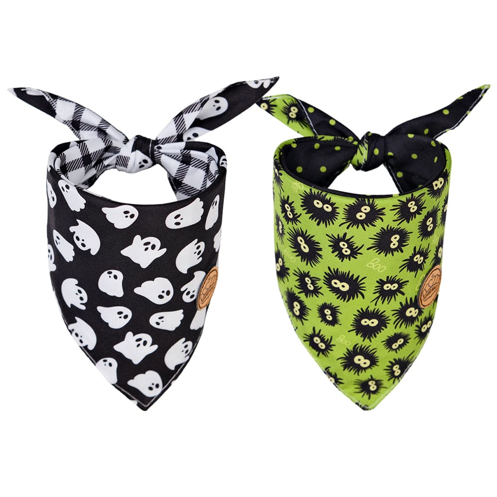 CROWNED BEAUTY Reversible Halloween Dog Bandanas -Ghostly Boo Set- 2 Pack for Medium to XL Dogs DB134-L