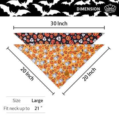 CROWNED BEAUTY Reversible Halloween Dog Bandanas -Haunted Pumpkins Set- 2 Pack for Medium to XL Dogs DB136-L