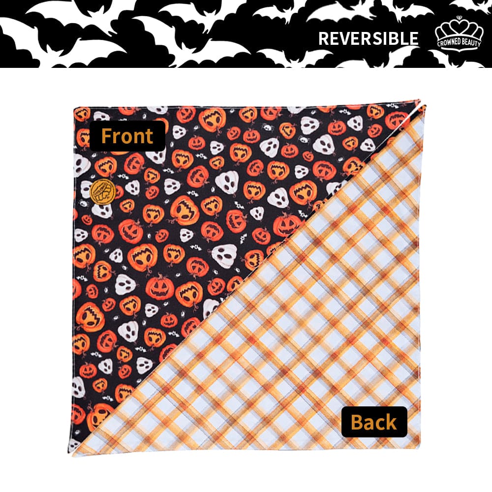 CROWNED BEAUTY Reversible Halloween Dog Bandanas -Haunted Pumpkins Set- 2 Pack for Medium to XL Dogs DB136-L