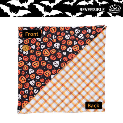 CROWNED BEAUTY Reversible Halloween Dog Bandanas -Haunted Pumpkins Set- 2 Pack for Medium to XL Dogs DB136-L