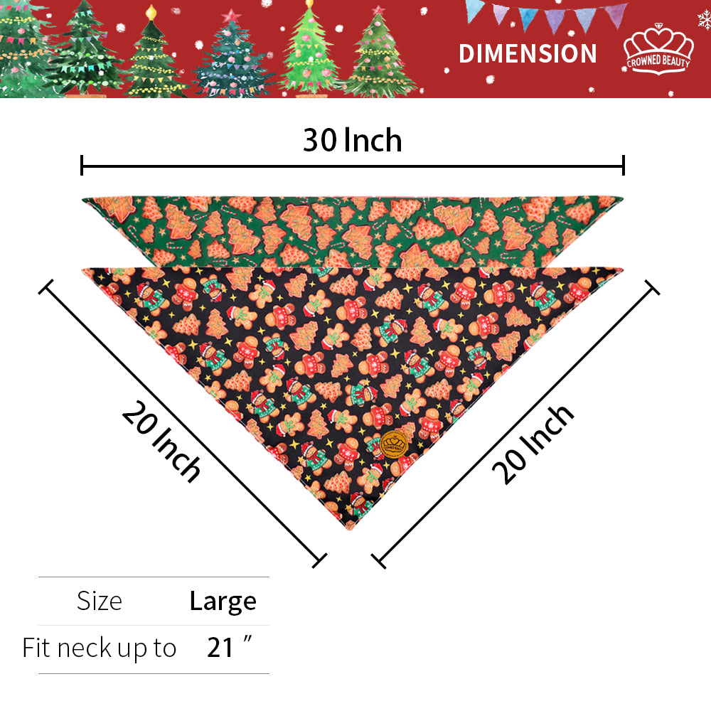 CROWNED BEAUTY Reversible Christmas Dog Bandanas -Gingerbread Joy Set- 2 Pack for Medium to XL Dogs DB137