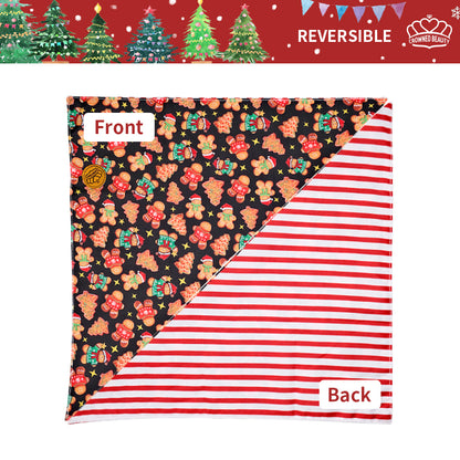 CROWNED BEAUTY Reversible Christmas Dog Bandanas -Gingerbread Joy Set- 2 Pack for Medium to XL Dogs DB137