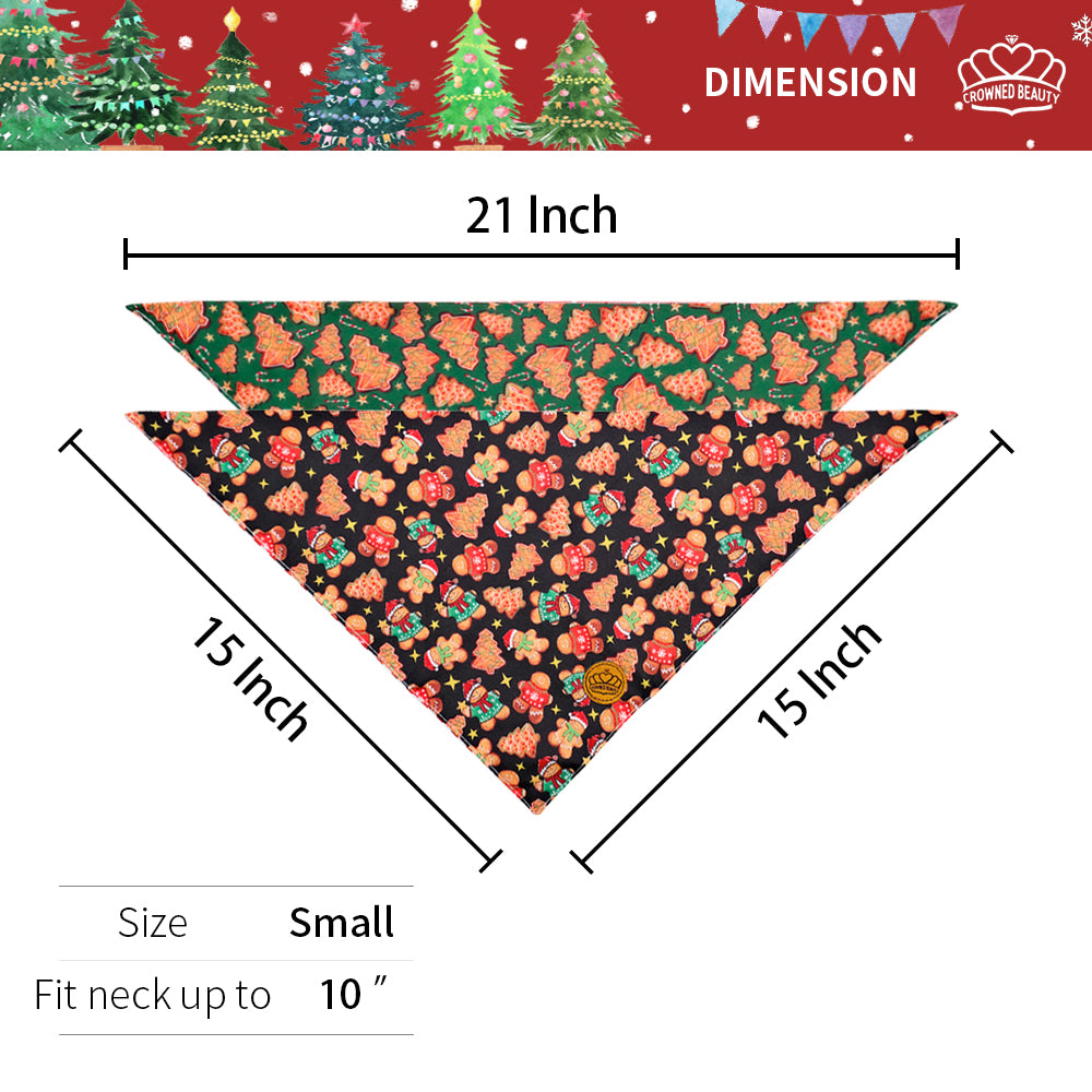 CROWNED BEAUTY Reversible Christmas Dog Bandanas -Gingerbread Joy Set- 2 Pack for Medium to XL Dogs DB137