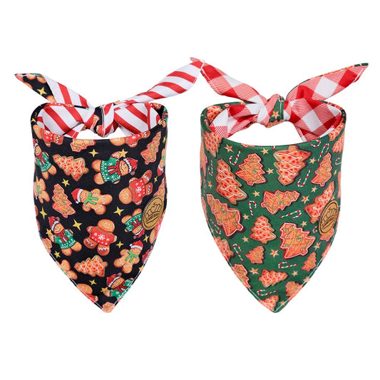 CROWNED BEAUTY Reversible Christmas Dog Bandanas -Gingerbread Joy Set- 2 Pack for Medium to XL Dogs DB137