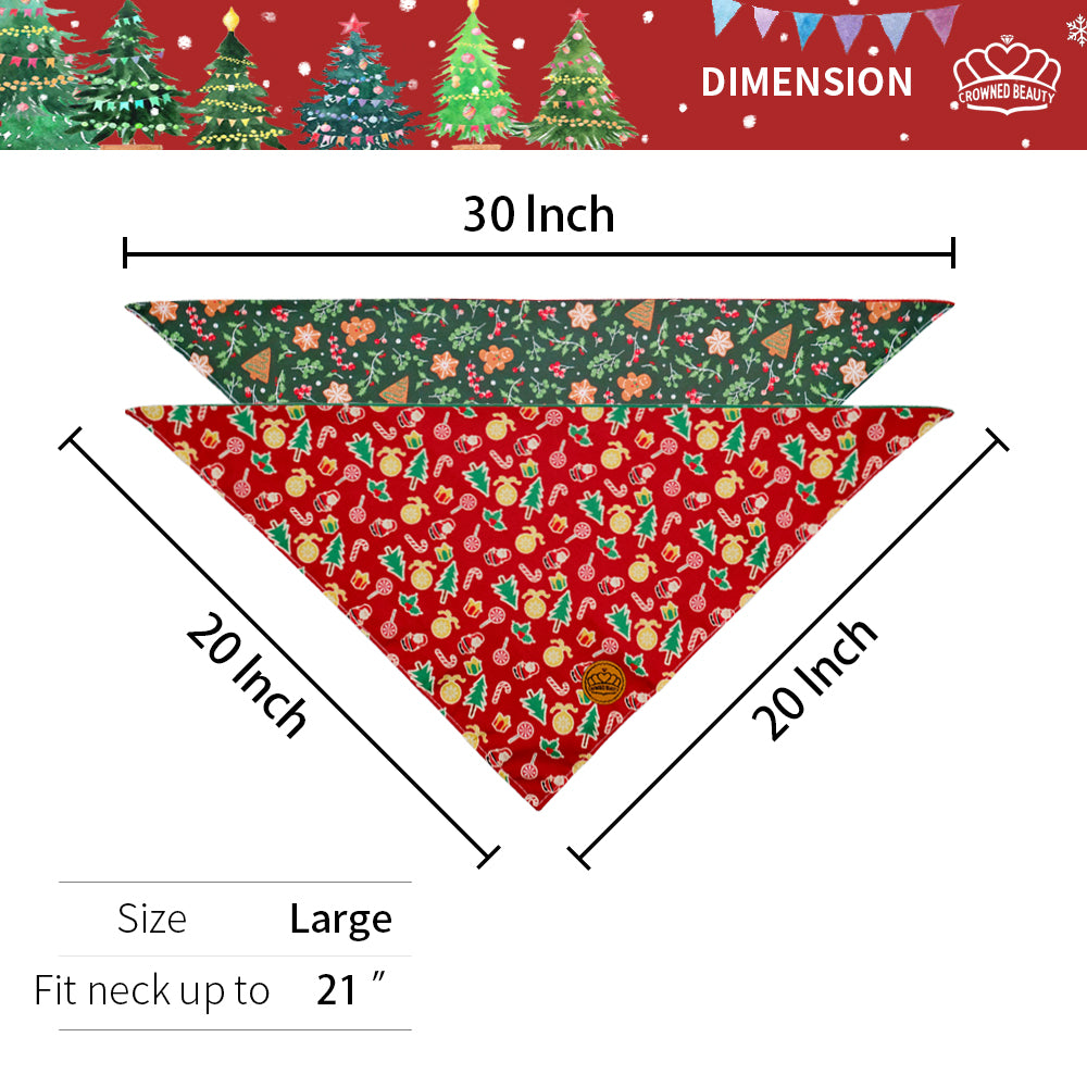 CROWNED BEAUTY Reversible Christmas Dog Bandanas -Gingerbread Delight Set- 2 Pack for Medium to XL Dogs DB138