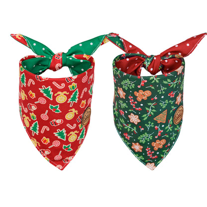 CROWNED BEAUTY Reversible Christmas Dog Bandanas -Gingerbread Delight Set- 2 Pack for Medium to XL Dogs DB138