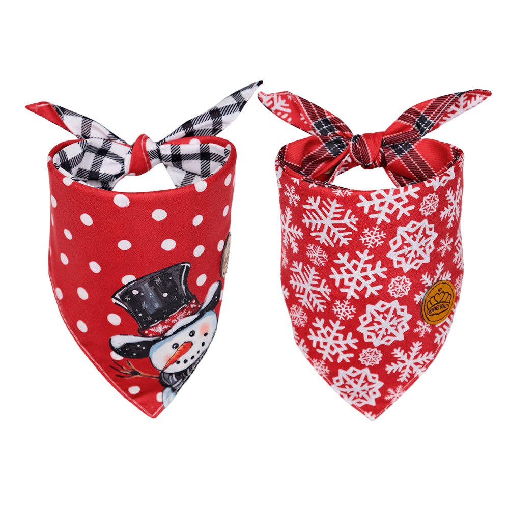 CROWNED BEAUTY Reversible Christmas Dog Bandanas -Snowy Bliss Set- 2 Pack for Medium to XL Dogs DB139