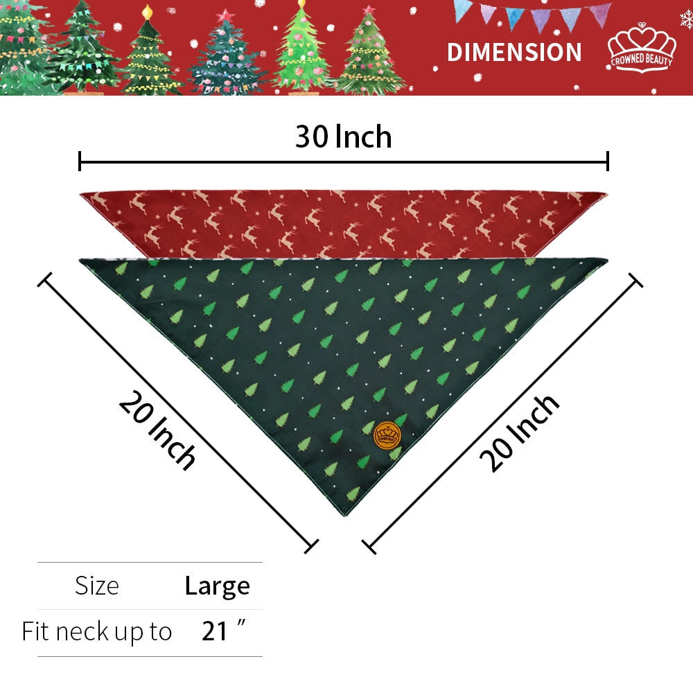 CROWNED BEAUTY Reversible Christmas Dog Bandanas -Festive Forest Set- 2 Pack for Medium to XL Dogs DB140