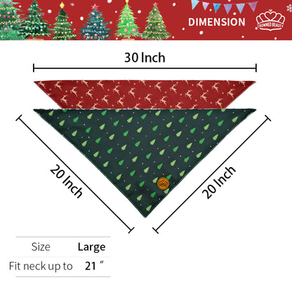 CROWNED BEAUTY Reversible Christmas Dog Bandanas -Festive Forest Set- 2 Pack for Medium to XL Dogs DB140