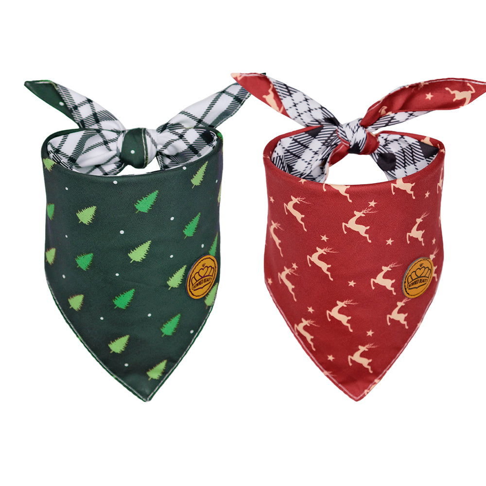 CROWNED BEAUTY Reversible Christmas Dog Bandanas -Festive Forest Set- 2 Pack for Medium to XL Dogs DB140