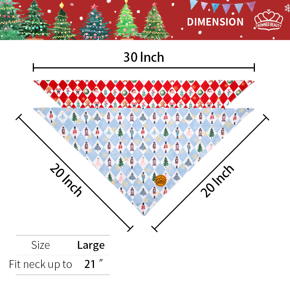 CROWNED BEAUTY Reversible Christmas Dog Bandanas -Nutcracker Cheer Set- 2 Pack for Medium to XL Dogs DB141