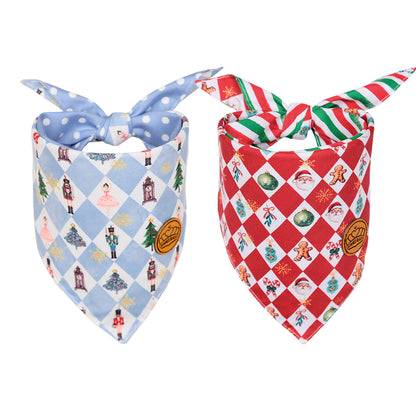 CROWNED BEAUTY Reversible Christmas Dog Bandanas -Nutcracker Cheer Set- 2 Pack for Medium to XL Dogs DB141