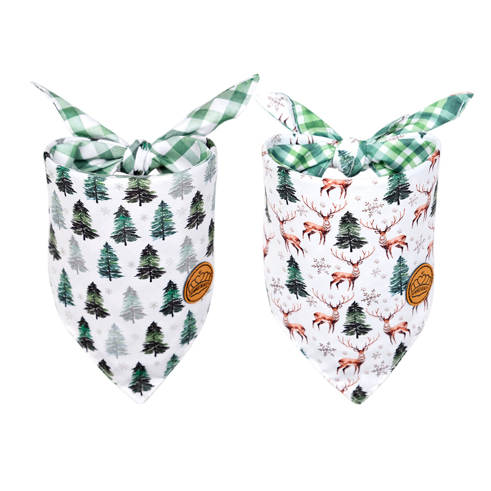 CROWNED BEAUTY Reversible Christmas Dog Bandanas -Winter Woods Set- 2 Pack for Medium to XL Dogs DB142