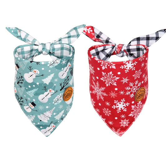 CROWNED BEAUTY Reversible Christmas Dog Bandanas -Snowy Magic Set- 2 Pack for Medium to XL Dogs DB143