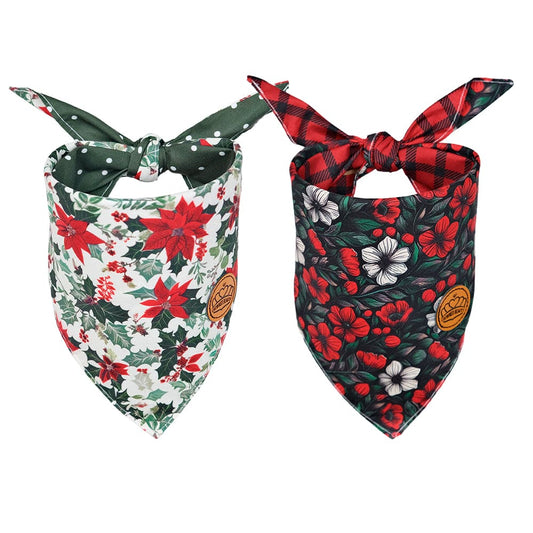 CROWNED BEAUTY Reversible Christmas Dog Bandanas -Holiday Blooms Set- 2 Pack for Medium to XL Dogs DB144