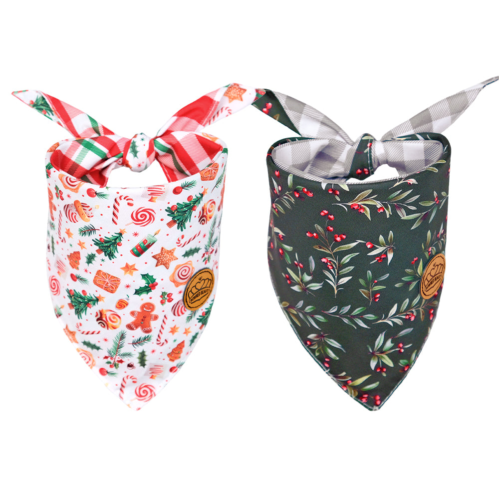 CROWNED BEAUTY Reversible Christmas Dog Bandanas -Jolly Greens Set- 2 Pack for Medium to XL Dogs DB145