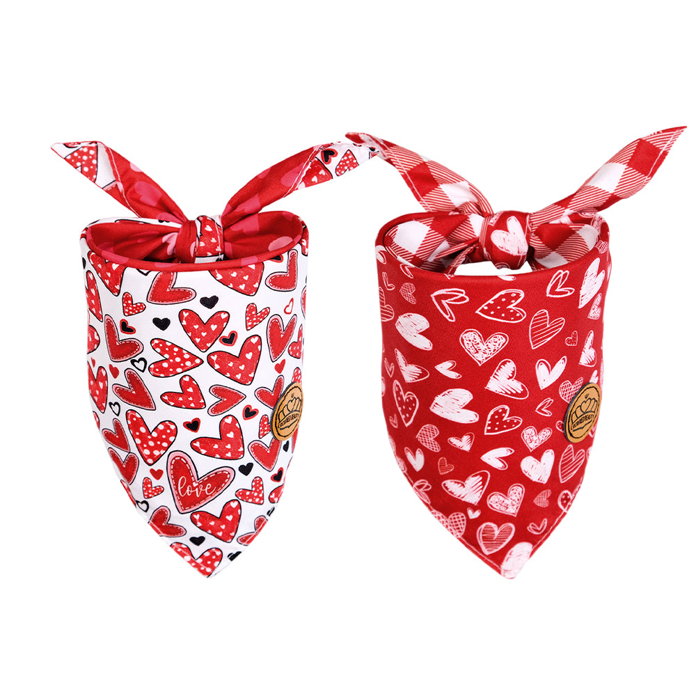 CROWNED BEAUTY Reversible Valentine's Day Dog Bandanas -Heart Sprinkles Set- 2 Pack for Medium to XL Dogs DB149-L