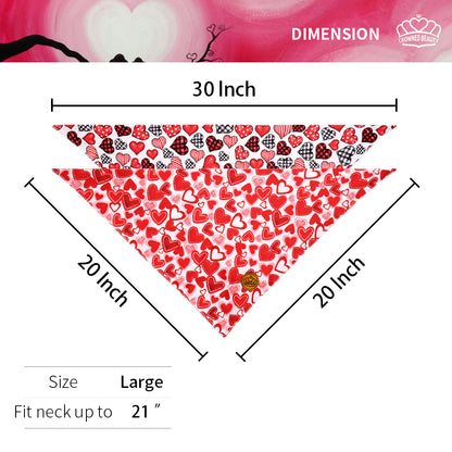 CROWNED BEAUTY Reversible Valentine's Day Dog Bandanas -Sweet Hearts Set- 2 Pack for Medium to XL Dogs DB150-L