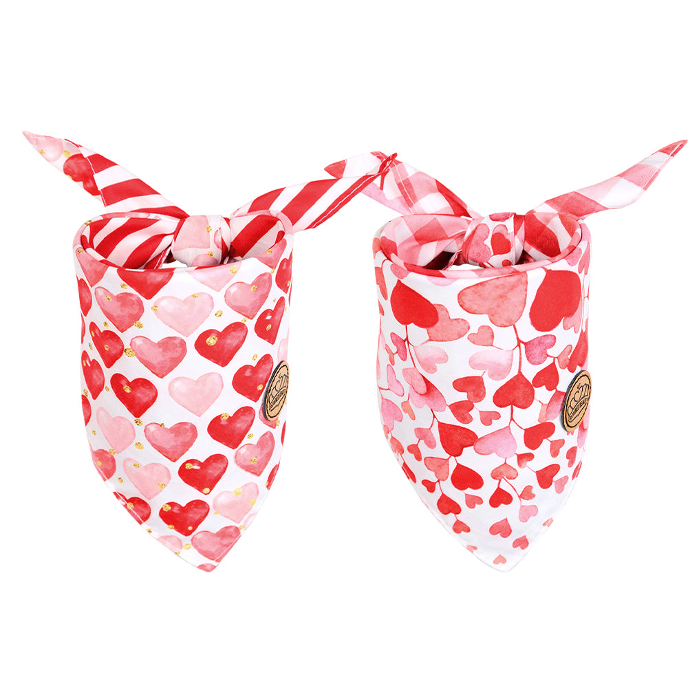 CROWNED BEAUTY Reversible Valentine's Day Dog Bandanas -Heart Charm Set- 2 Pack for Medium to XL Dogs DB151-L