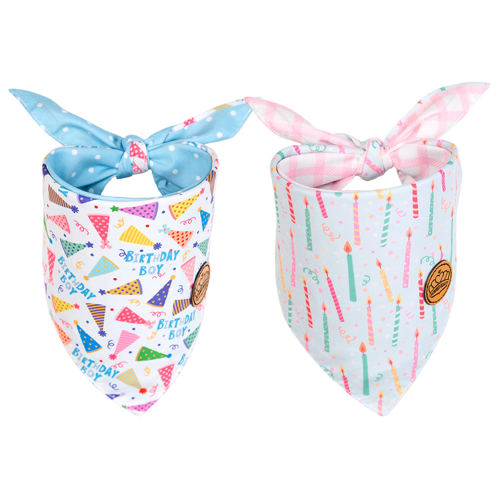 CROWNED BEAUTY Reversible Birthday Dog Bandanas -Birthday Boy Set- 2 Pack for Medium to XL Dogs DB153-L