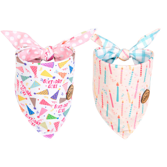 CROWNED BEAUTY Reversible Birthday Dog Bandanas -Birthday Girl Set- 2 Pack for Medium to XL Dogs DB154-L